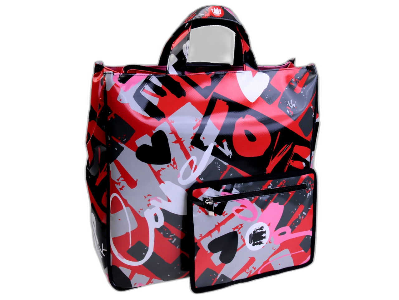 MAXI TOTE BAG ROSSA "LOVE". MODELLO AIRSTONE REALIZZATO CON TELONI DI CAMION.