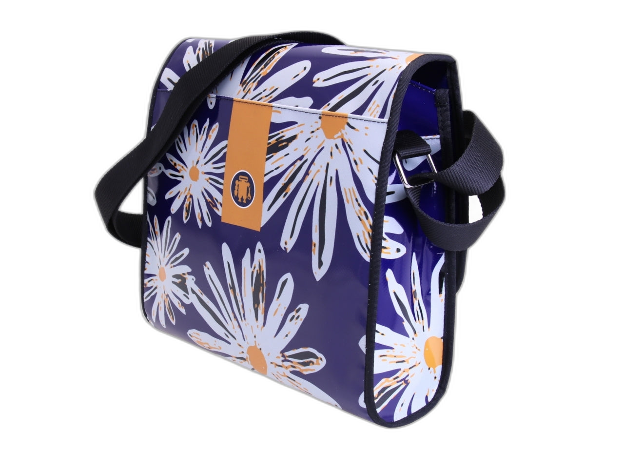 BORSA CROSSBODY BLU CON FANTASIA FLOREALE. MODELLO DI ROTTURA REALIZZATO CON TELONI DI CAMION.