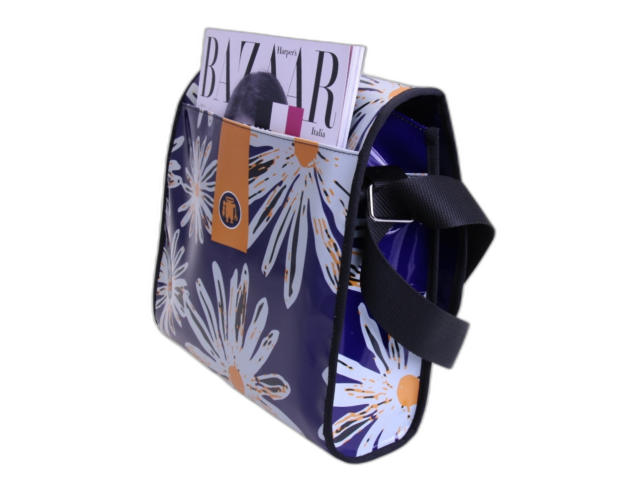 BORSA CROSSBODY BLU CON FANTASIA FLOREALE. MODELLO DI ROTTURA REALIZZATO CON TELONI DI CAMION.