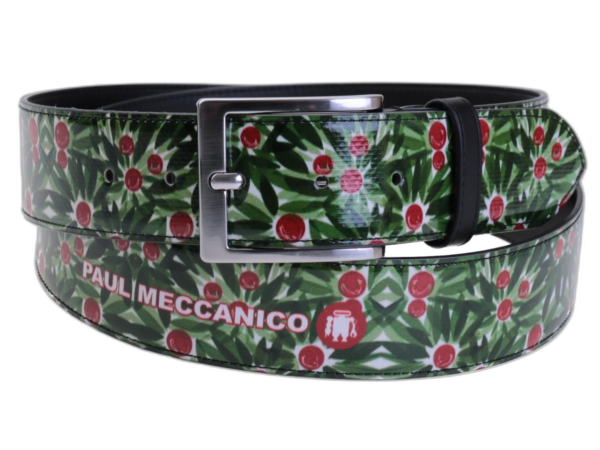 CINTURA DA UOMO VERDE SCURO A FANTASIA FLOREALE REALIZZATA CON TELONI DI CAMION.