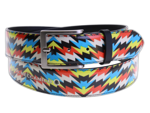 CINTURA DA UOMO MULTICOLORE CON FANTASIA GEOMETRICA REALIZZATA IN TELONE DA CAMION.