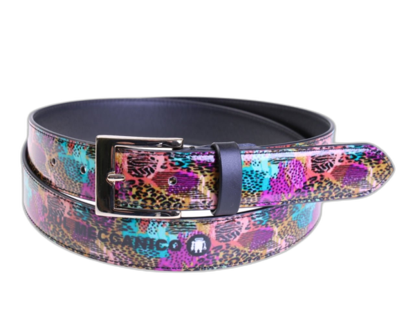 .CINTURA DA DONNA MULTICOLORE CON FANTASIA ANIMALIER REALIZZATA IN TELONE DA CAMION.