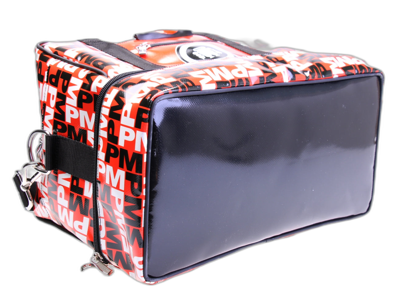 RED HAND LUGGAGE BAG WITH LETTERING FANTASY 40 X 20 X 25 CM. MODEL FLYME MADE OF LORRY TARPAULIN.