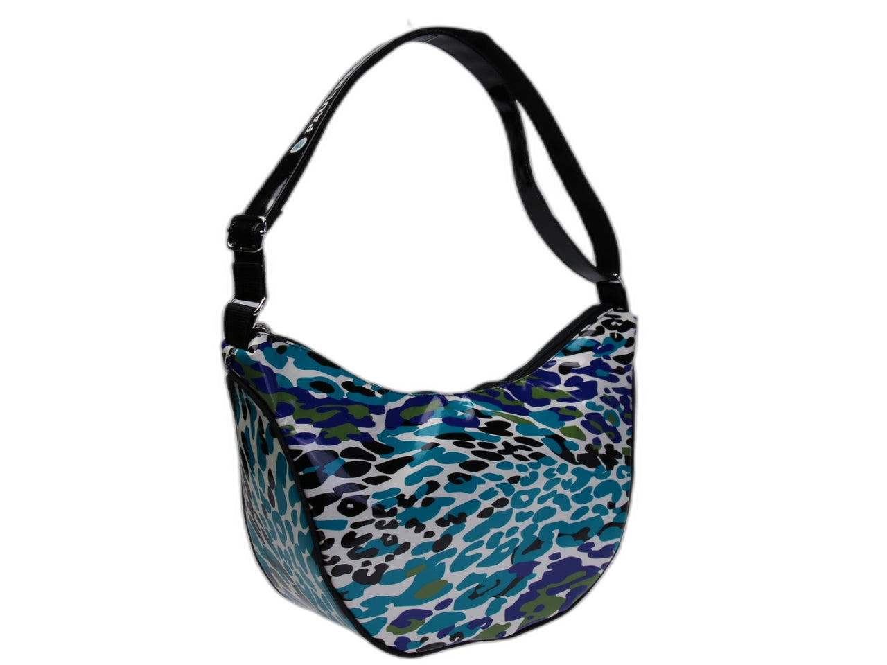 ...BORSA A MEZZALUNA DI COLORE AZZURRO CON FANTASIA ANIMALIER. MODELLO DIVISO IN TELONI DI CAMION.