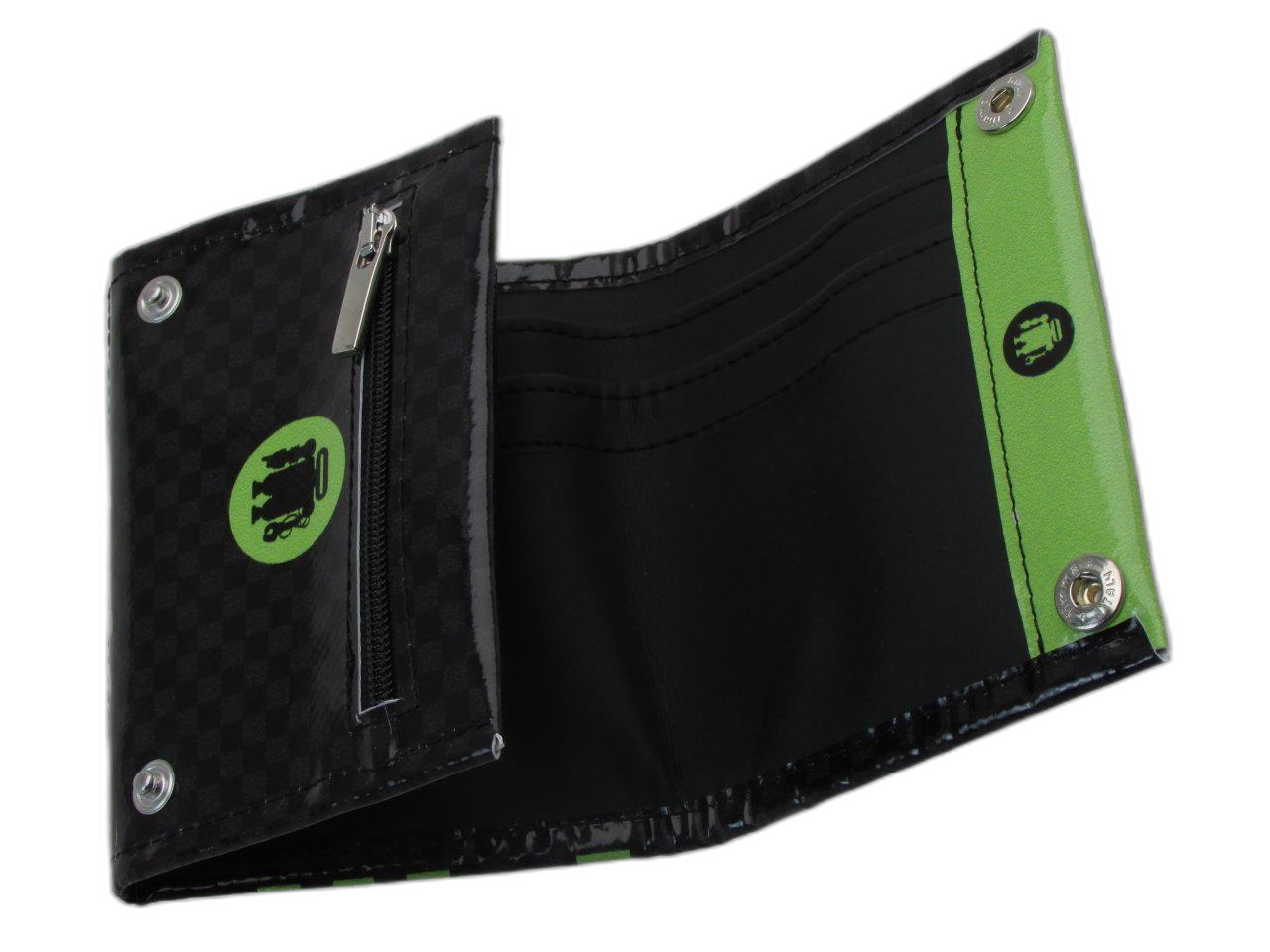 PORTAFOGLIO UNISEX NERO, GRIGIO E VERDE CON SCRITTE FANTASIA. MODELLO TREK REALIZZATO CON TELONI DI CAMION. - Edizione limitata Paul Meccanico